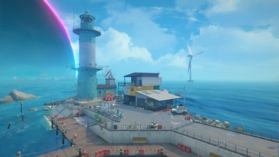 Zenless Zone Zero screenshot showing a port with a lighthouse in the day with a Hollow in the background