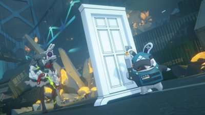 Zenless Zone Zero screenshot showing a Bangboo hiding behind a door in the midst of battle, with an Ethereal in front of that door