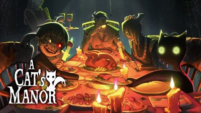 A Cat's Manor key art showing menacing looking people sat around a dining table, and one of those seated is a ghostly looking cat