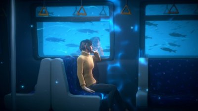 A Memoir Blue art showing a woman sat on a train, viewing an undersea scene through the window