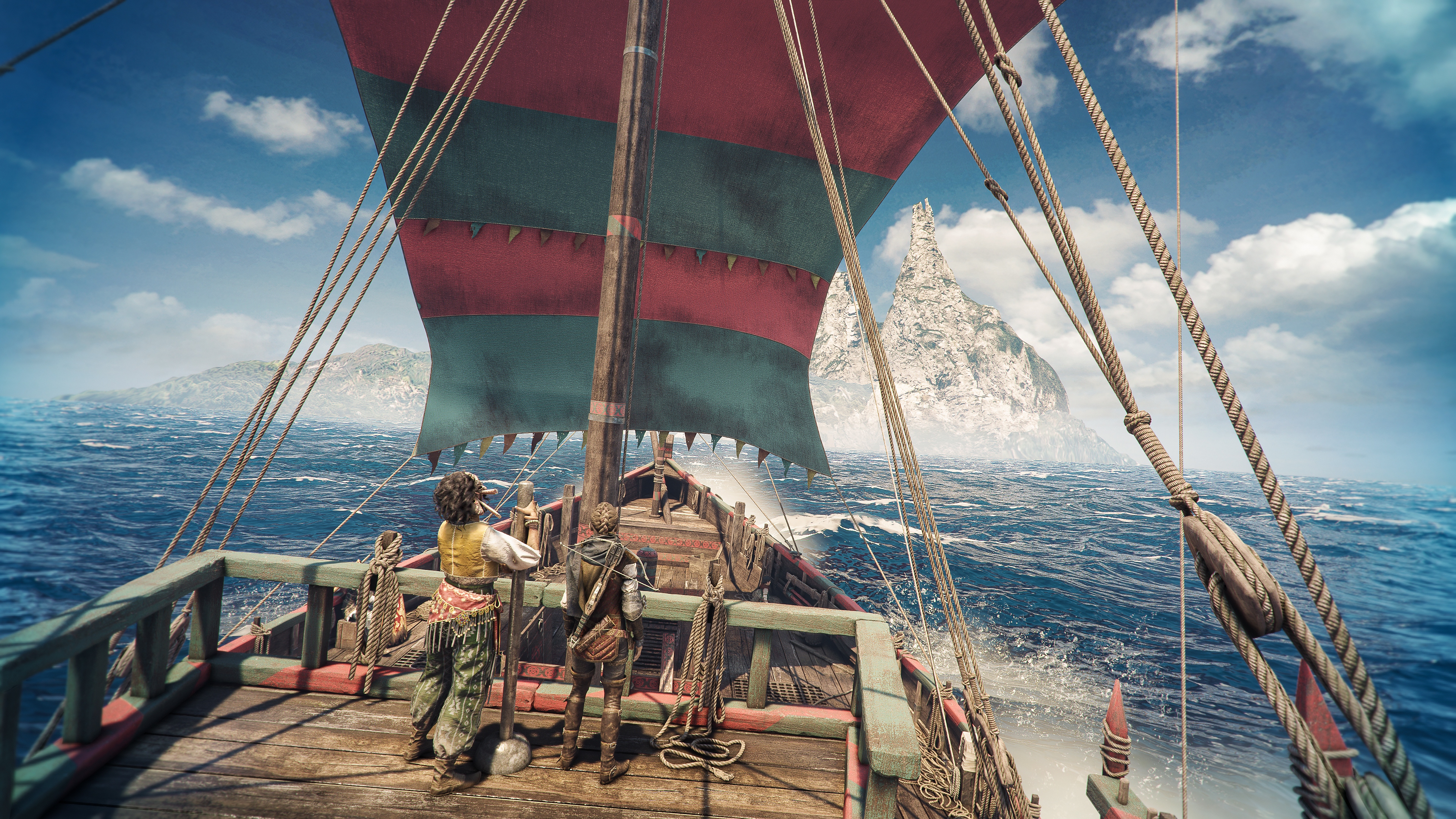 A Plague Tale: Requiem screenshot showing a ship with a red and green sail navigating the ocean