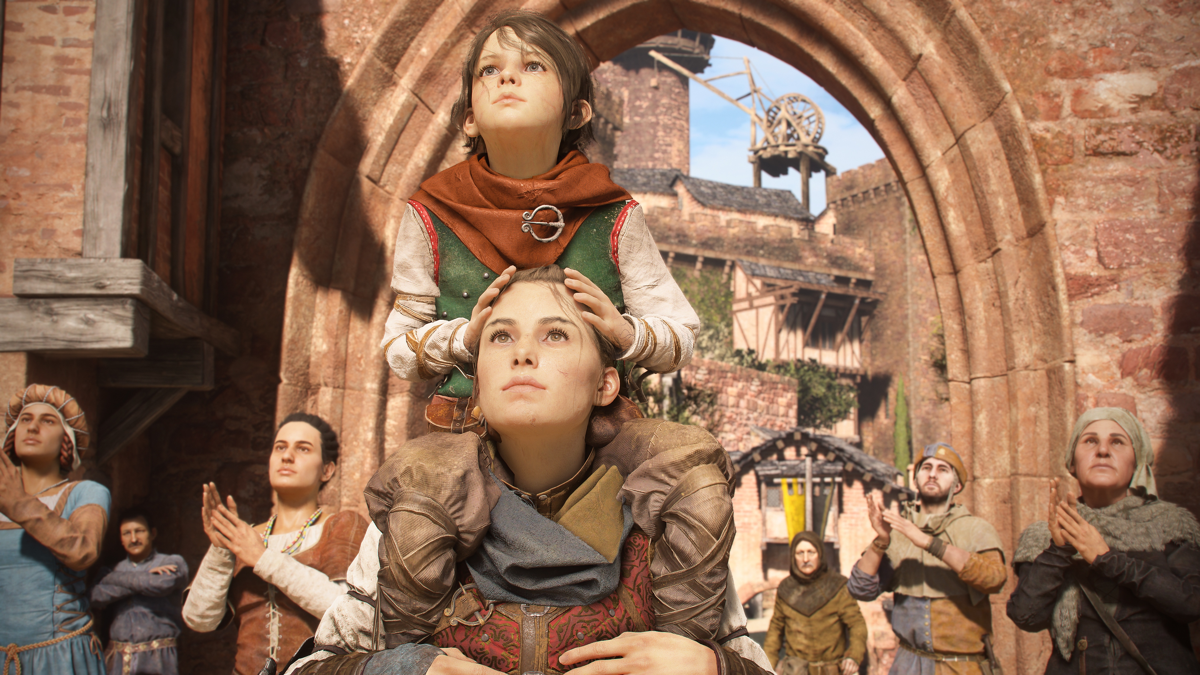 A Plague Tale: Requiem screenshot showing Hugo sitting on Amicia's shoulders