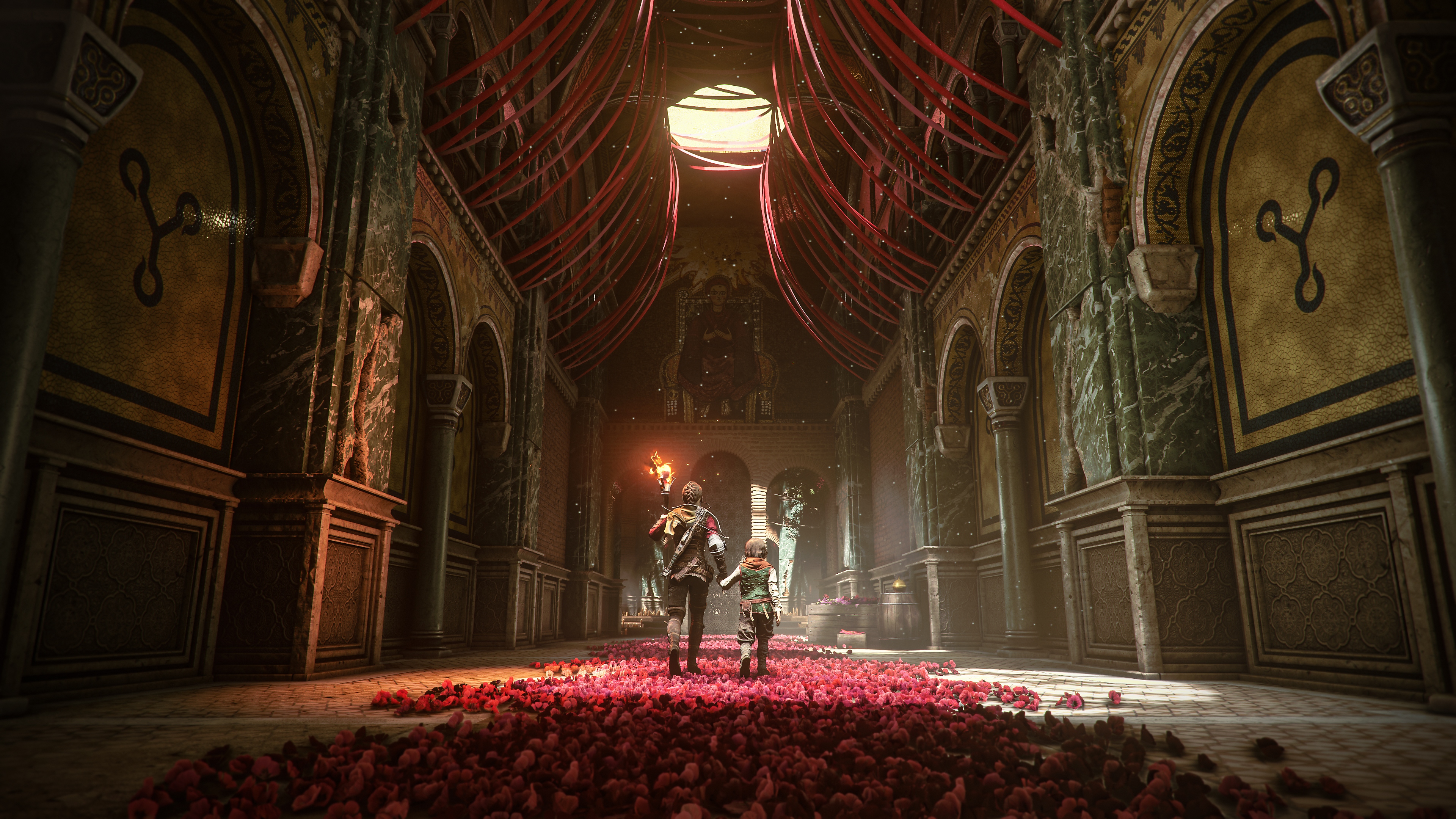 A Plague Tale: Requiem screenshot showing Amicia and Hugo walking through down a corridor