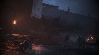 Екранна снимка на A Plague Tale: Requiem, показваща как Амисия се крие зад барикада