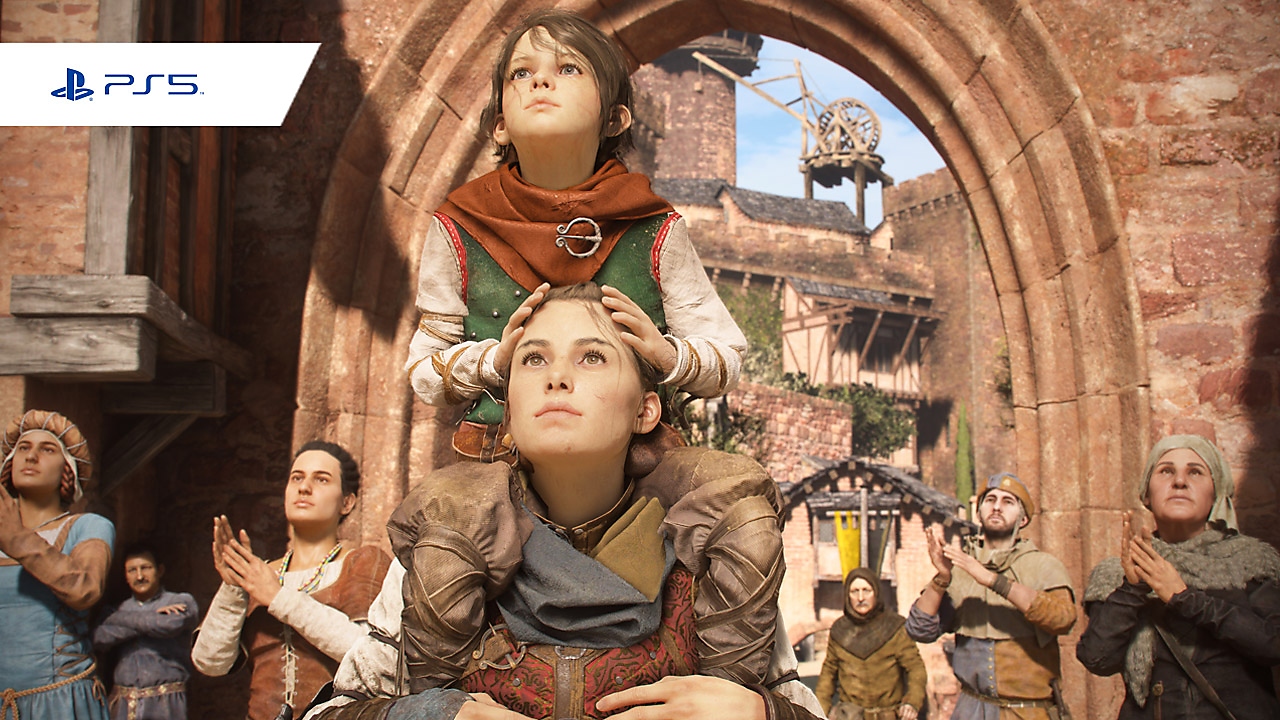 Screenshot from A Plague Tale: Requiem featuring main characters Hugo and Amicia amid a bustling crowd.