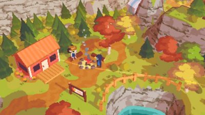 A Short Hike screenshot showing Claire talking to a mouse-like character sat at a campfire