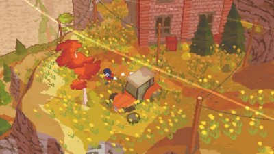 Snímka obrazovky z hry A Short Hike, na ktorej je zobrazený vták Claire stojaci vedľa pokazeného traktora na jesennom poli