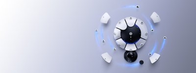 Access控制器主要美術設計。圓形控制器，有數個觸覺白色按鈕、數個藍色LED燈和一個黑色搖桿。