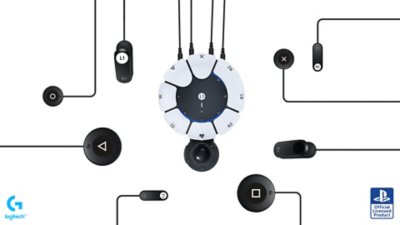 Visão superior do kit de jogo adaptativo da Logitech mostrando peças com fio que se conectam a um controle Access