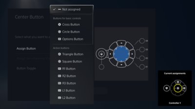 UI showing the different configurations for the center button. The ability to change the assigned button, assign simultaneous press, and change button toggle.