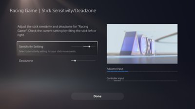 UI showing the ability to change different sensitivity settings for Racing games; Sensitivity Setting, Deadzone, Adjusted Input, and Controller Input.