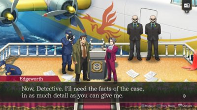 ภาพหน้าจอ Ace Attorney Investigations Collection แสดงให้เห็น Edgeworth กำลังตั้งคำถามกับนักสืบ