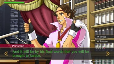 ภาพหน้าจอ Ace Attorney Investigations Collection แสดงให้เห็นตัวละคร Portsman