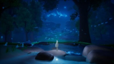 Captura de pantalla de After Us que muestra a Gaia y unos espíritus de orca que surcan el cielo nocturno
