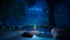 Captura de tela de After Us mostrando Gaia de pé sob o céu noturno com espíritos Orcas flutuando acima