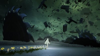 Captura de tela de After Us mostrando Gaia percorrendo uma paisagem desolada, com flores crescendo por onde ela passa