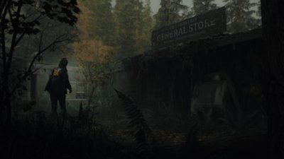 ภาพหน้าจอ Alan Wake 2 แสดงให้เห็น Saga Anderson ยืนอยู่นอก General Store เก่าๆ ใน Cauldron Lake
