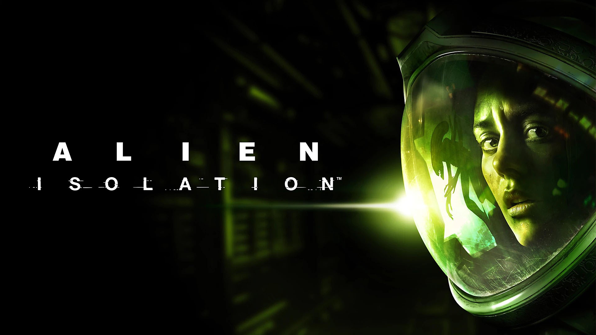Amanda uit Alien Isolation draagt een ruimtepak en in de weerspiegeling van haar helm zie je de Alien.