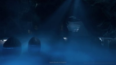 Captura de pantalla de Alien: Rogue Incursion que muestra huevos de xenomorfo rodeados por una neblina azul