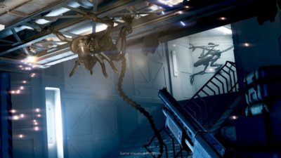 Alien: Rogue Incursion screenshot showing two Xenomorphs advancing on the player, one climbing the ceiling and the other climbing the wall in the background, as the player readies their pistol against them