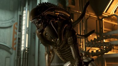 Alien: Rogue Incursion screenshot showing a Xenomorph in the middle of the image facing to the left and baring its second jaw