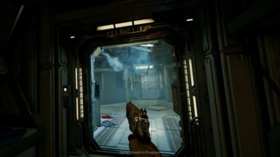 Alien: Rogue Incursion screenshot showing the first person player perspective pointing a gun at an entryway that is well lit