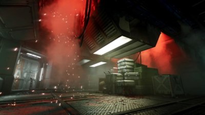 Alien: Rogue Incursion screenshot showing a corridor that has loose wires, sparks and smoke cascading from the ceiling and there is blood on the metal floor