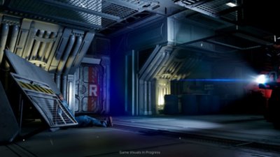 Alien: Rogue Incursion screenshot showing a dark industrial corridor with a dead body leaning against a metal panel in the left of the image