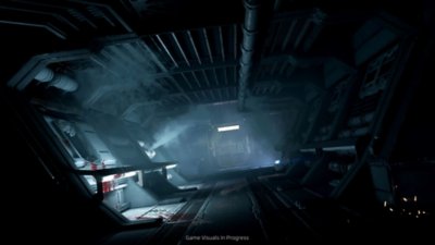 Alien: Rogue Incursion screenshot showing the view down an industrial corridor with light emanating from the lower left segment of the corridor