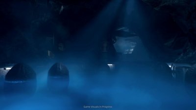 Alien: Rogue Incursion screenshot showing two Xenomorph eggs shrouded in blue tinted mist