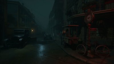 Captura de tela de Alone in the Dark mostrando uma imagem melancólica de uma rua dos Estados Unidos nos anos 1920