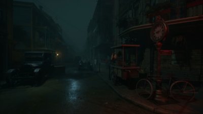 Captura de pantalla de Alone in the Dark que muestra una calle en plena noche durante la década de 1920 en Estados Unidos