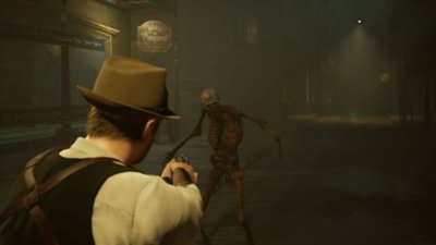 Screenshot von Alone in the Dark, der einen Mann mit einem Trilby zeigt, der mit seiner Pistole auf ein wiederauferstandenes Skelett zielt