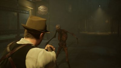 Captura de pantalla de Alone in the Dark que muestra a un hombre con sombrero apuntando con su pistola a un esqueleto reanimado