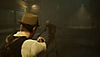 Alone in the Dark - Istantanea della schermata che mostra un uomo con un cappello di feltro che punta una pistola contro uno scheletro animato