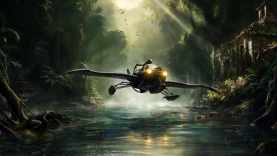 Amerzone – The Explorer's Legacy – grafika główna przedstawiająca samolot lecący nisko nad rzeką