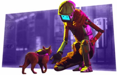 Il gatto di Stray e un robot che interagiscono