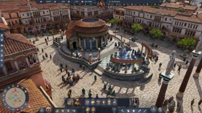 Anno 117: Pax Romana — kuvakaappauksessa näkyy temppeli, jossa kokoontuu kansalaisia, sekä näyttökuvan reunassa olevaa käyttöliittymää