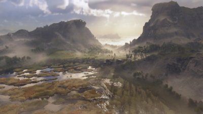 Anno 117: Pax Romana — kuvakaappauksessa näkyy Albionin kosteikkoja ja usvaa maan pinnalla