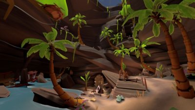 Another Fisherman's Tale screenshot showing a scene in a sheltered cove with many palm trees