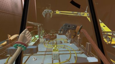 Another Fisherman's Tale screenshot showing a boat making its way down a set of rails while mechanical arms sit overhead