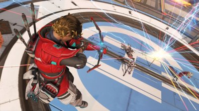 Apex Legends – kauden 25 kuvakaappaus, jossa Sparrow ampuu nuolen kohti helikopterin laskeutumispaikkaa, samalla kun kolme muuta hahmoa pakenee