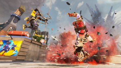 Apex Legends – kauden 25 kuvakaappaus, jossa räjähdys kaataa Miragen ja Sparrow hyppää yli