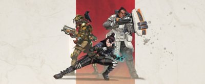 Ilustración principal de Apex Legends con los personajes principales Bloodhound, Wraith y Gibraltar.