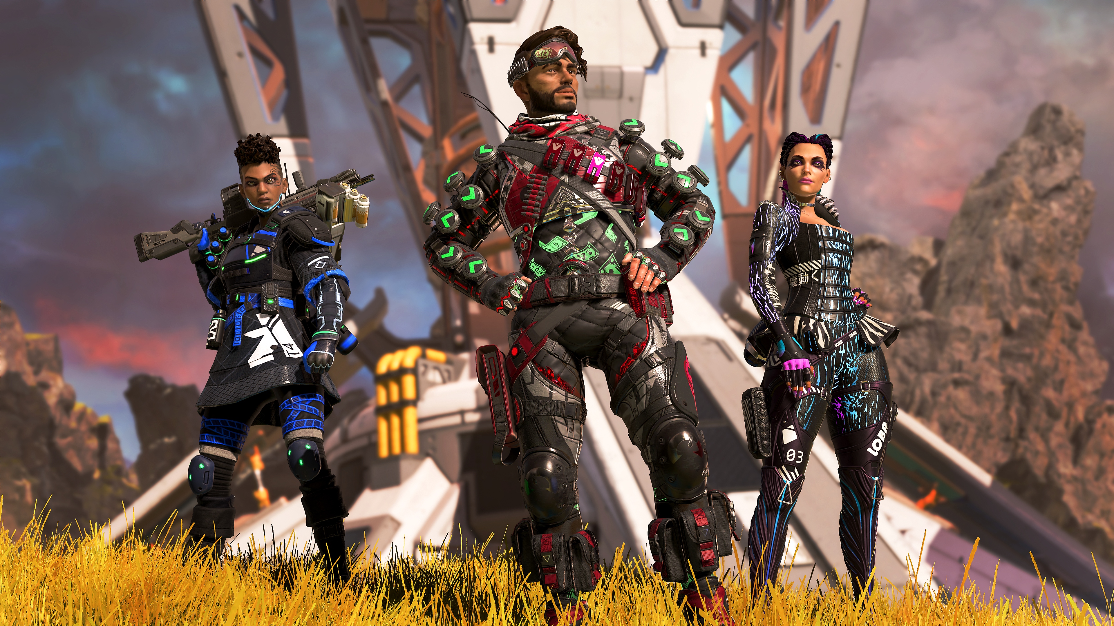 Captura de pantalla de características principales de Legends: Cambia el juego con tres personajes posando.