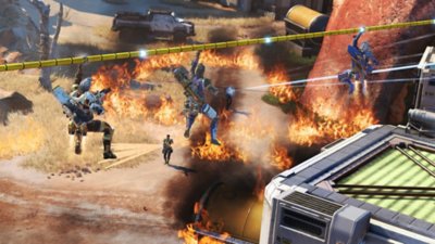 Apex Legends season 26 screenshot showing three characters on a zipline shooting at two enemy characters on the ground