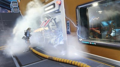 Apex Legends season 26 screenshot showing Bangalore breaking down a door to a room with Rampart inside
