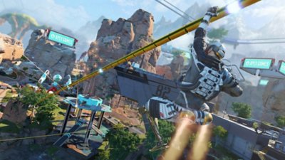 Apex Legends season 26 screenshot showing a character above the fighting on a zipline