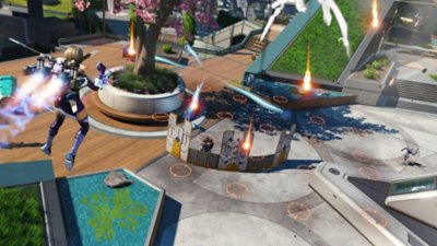 لقطة شاشة من الموسم 27 من Apex Legends تُظهر Valkyrie تطلق النار على لاعبين على الأرض في المنطقة الممهدة