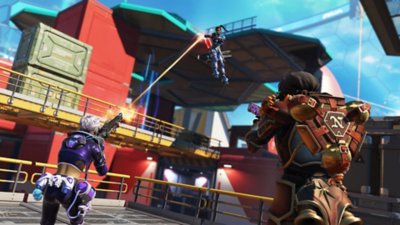 لقطة شاشة من الموسم 27 من Apex Legends تُظهر لاعبين يقاتلان لاعبًا معاديًا يحلق في الهواء